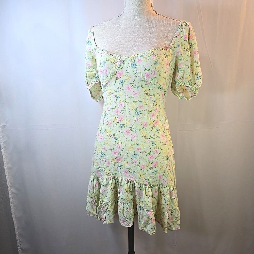 Forever 21 Floral Dress Juniors S Light Green Ruffle Pattern Puff Sleeves Spring